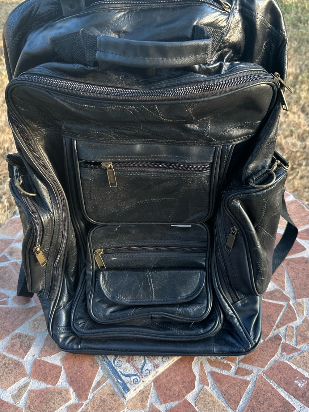 Black Multi-Pocket Leather Backpack